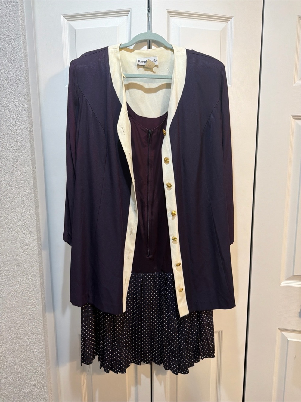 Ronni Nicole Vintage 90s Navy Polka Dot Midi Sheath Dress 2-Piece, Size 16P NWT